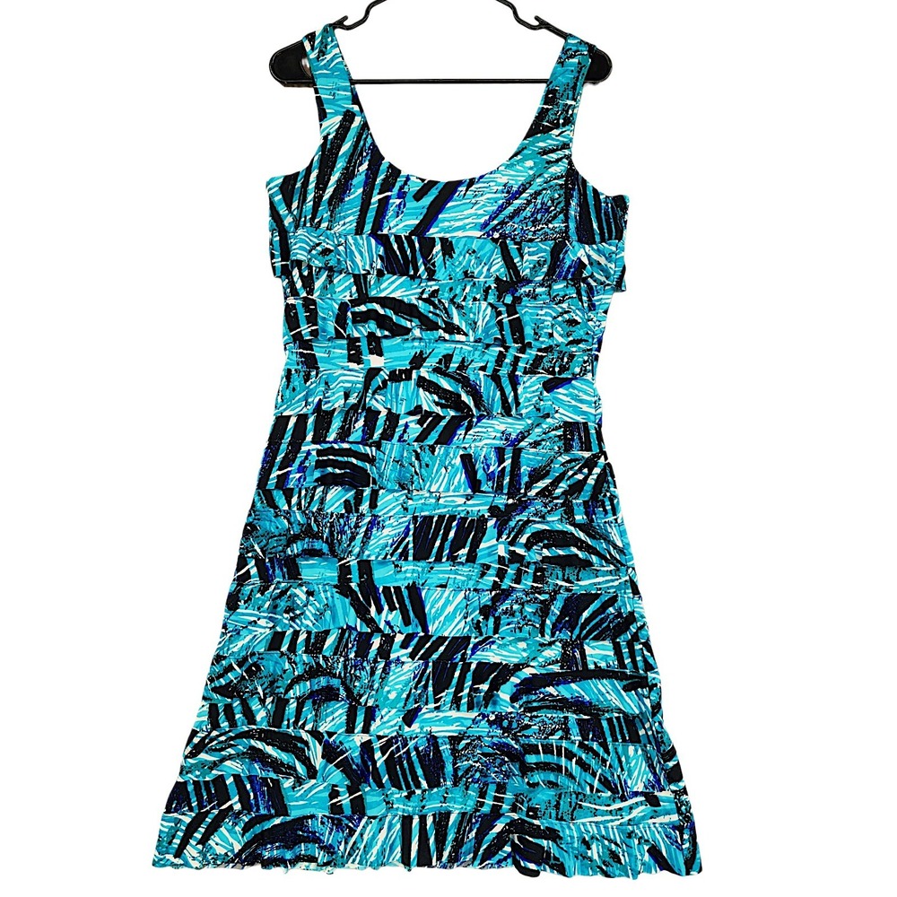 Tango Mango Ruffle Dress M Women Turquoise Abstract Tiered Sleeveless Tropical